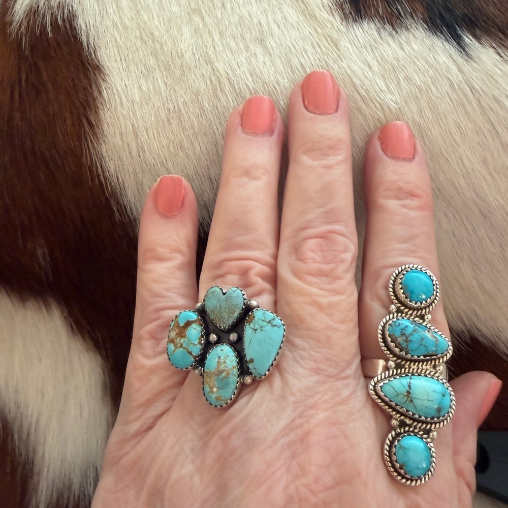 ❤️ #8 Turquoise Navajo Style 4 Stone Heart Statement Ring Adj Unisex 7.8 Gms 925 - Picture 9 of 16